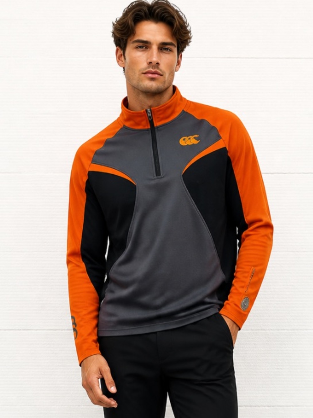 CANTERBURY OF NEW ZEALAND Top Shirt Rugby Cycling Orange Black Gray Long Large